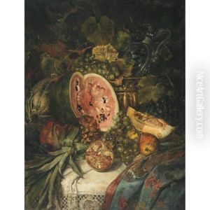 Still Life Of Watermelon, Grapes, Pomegrantes, Pineapple And Brass On A Lace Covered Ledge
