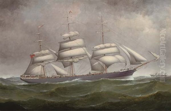 The Three-master "helensburgh" Under Reduced Sail At Sea With A Steamship Off Her Port Bow - view 1