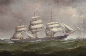 The Three-master "helensburgh" Under Reduced Sail At Sea With A Steamship Off Her Port Bow