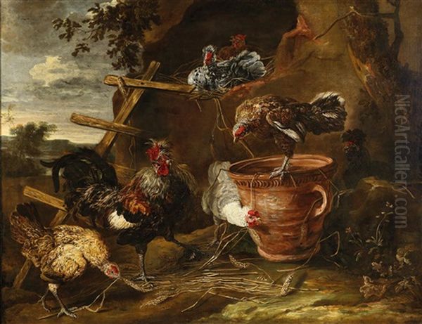 Hens And A Cockerel In A Yard - view 1