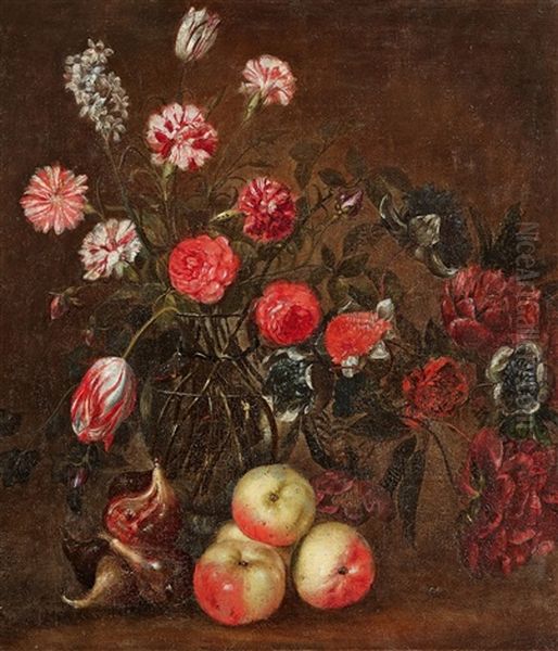 Stillleben Mit Blumen In Einer Glasvase, Apfeln Und Feigen - view 1