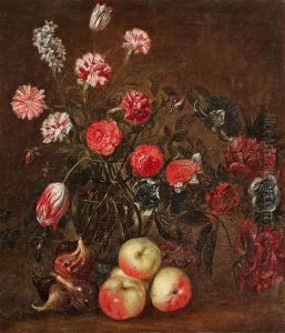 Stillleben Mit Blumen In Einer Glasvase, Apfeln Und Feigen