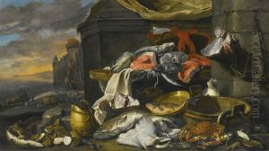 Fish, Oysters, A Crab And A Lobster With Cats, A Tub, A Copper Dish And Bucket And Baskets At The Foot Of A Draped Column, A Quay And A Castle By The Sea Beyond by Jan Fyt