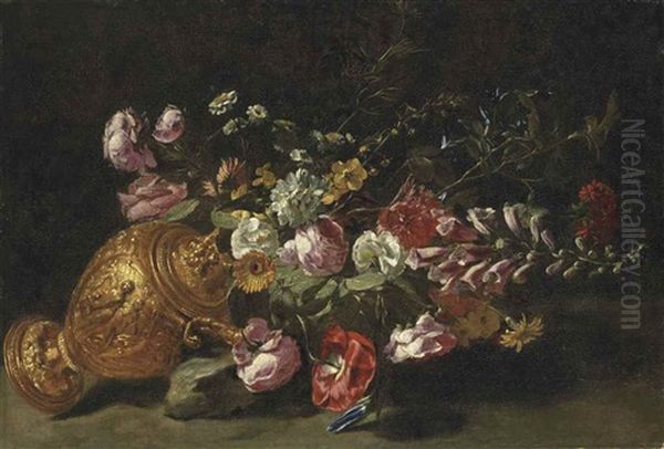 Foxgloves, Roses, Chrysanthemums And Other Flowers In An Upturned Bronze Urn, On A Stone Ledge - view 1