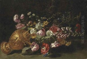 Foxgloves, Roses, Chrysanthemums And Other Flowers In An Upturned Bronze Urn, On A Stone Ledge by Jan Fyt