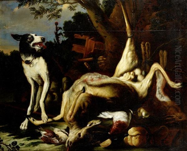 A Dog Seated Beside A Dead Deer And Hunting Paraphernalia - view 1