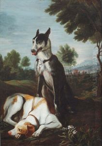 Two Dogs Resting In An Italianate Mountainous Landscape