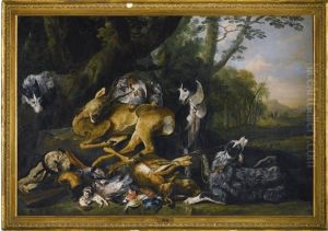The Spoils Of The Chase Being Guarded By A Dog, A Landscape Beyond The Spoils Of The Chase Being Guarded By A Dog, A Landscape Beyond