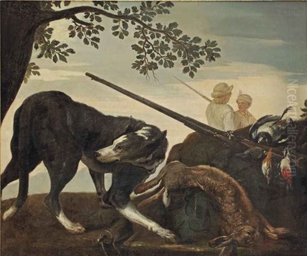 A Wooded Landscape With A Rabbit, A Woodpecker, Other Birds And A Shotgun Guarded By A Hound, Two Hunters Beyond - view 1