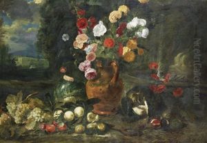 Roses, Hollyhocks, Marigolds And Other Flowers In A Terracotta Vase With Grapes, Plums, Peaches And A Split Melon Before An Open Landscape