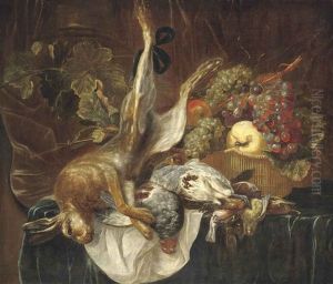 A Hare, Partridges And Songbirds On A Draped Table With Grapes, A Quince And A Peach In A Woven Basket