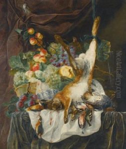 Still Life Of A Hare, Game And Songbirds Before A Still Life Of Fruit In A Basket, All Upon A Ledge Draped With A Green And White Cloth, With Glassware by Jan Fyt