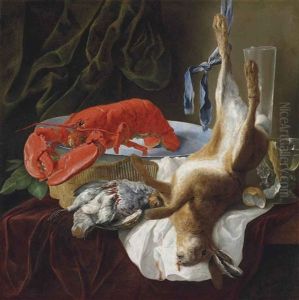 A Hare, A Partridge, A Lobster And A Partially Peeled Lemon In A Roemer On A Partly Draped Table, In An Interior