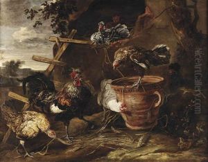 Chickens And A Cockerel In A Farmyard by Jan Fyt