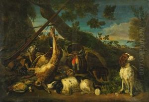 Still Life With Three Dogs, A Rifle And Game In A Landscape