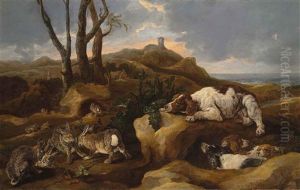 Spaniels Stalking Hares Among Dunes, In A Coastal Landscape