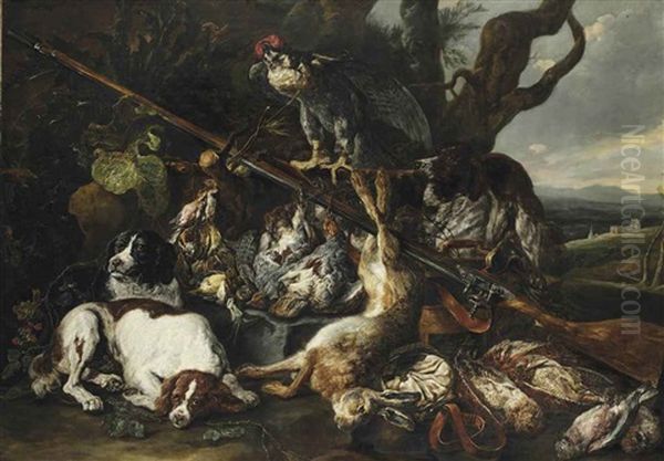 A Hunting Still Life Of A Hare, Partridges, Snipes And Other Birds, Together With Three Spaniels, A Hooded Falcon, A Rifle And A Game-bag And Belt In A Hilly Landscape - view 1