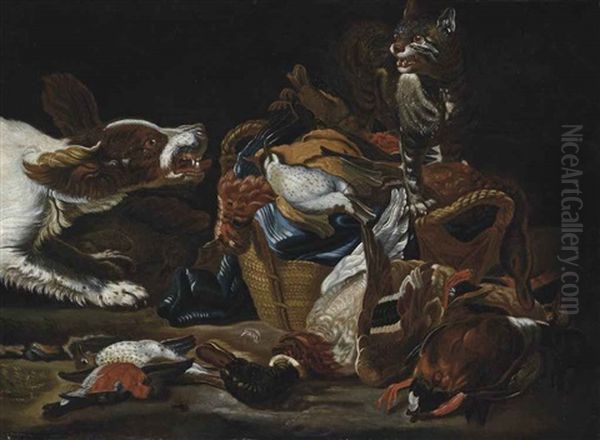 A Mallard, A Bullfinch, Partridges And Other Birds In A Wicker Basket, With A Spaniel And A Cat Fighting - view 1