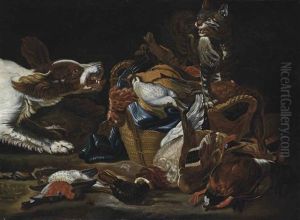 A Mallard, A Bullfinch, Partridges And Other Birds In A Wicker Basket, With A Spaniel And A Cat Fighting by Jan Fyt