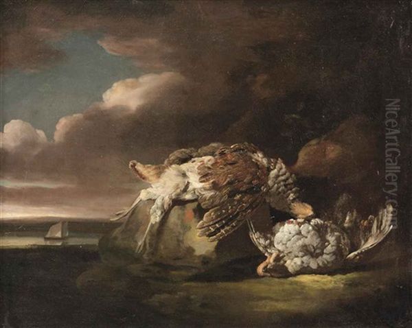 A River Landscape With Two Partridges On A Rock, A River With A Sailing Vessel Beyond - view 1