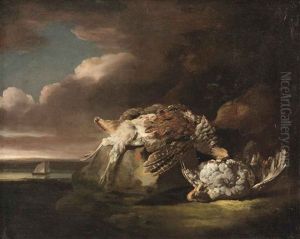 A River Landscape With Two Partridges On A Rock, A River With A Sailing Vessel Beyond