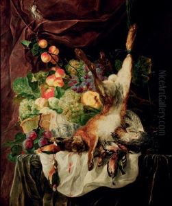 Gibier A Poil Et A Plumes Avec Une Corbeille De Fruits Sur Un Entablement