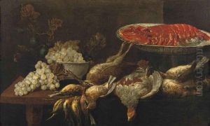 A Lobster On A Porcelain Plate, Grapes And Plums In A Porcelain Bowl With Partridges, Bullfinches And Other Birds, All On A Wooden Table by Jan Fyt