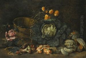 Still Life With Onions, Figs, Cucumbers, A Cabbage, And Some Flowers Arranged On The Floor Next To A Wooden Tub Still Life With Onions, Figs, Cucumbers, A Cabbage, And Some Flowers Arranged On The Floor Next To A Wooden Tub