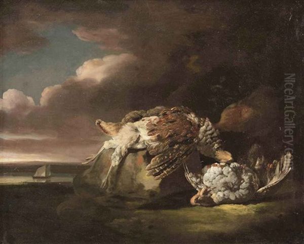 Two Partridges On A Rock, A River With A Sailing Vessel Beyond - view 1