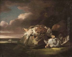 Two Partridges On A Rock, A River With A Sailing Vessel Beyond