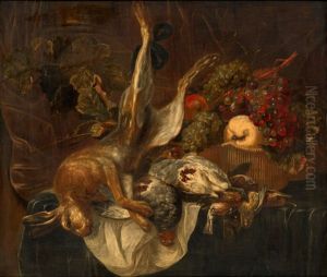 A Hare, Partridges, Finches And A Basket Of Fruit On A Table