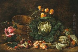 Stillleben Mit Eimer, Blumenkohl, Kurbissen, Zwiebeln Und Blumen