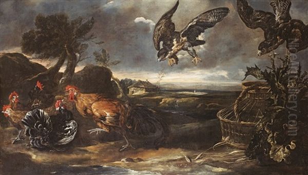 Combat De Coqs Et De Poules Dans Un Paysage - view 1