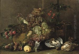 Mixed Grapes, Cherries And Plums By A Cauldron