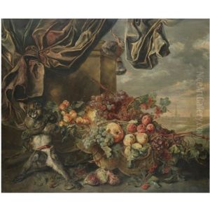 A Still Life With Grapes And Peaches In Baskets Together With A Monkey by Jan Fyt