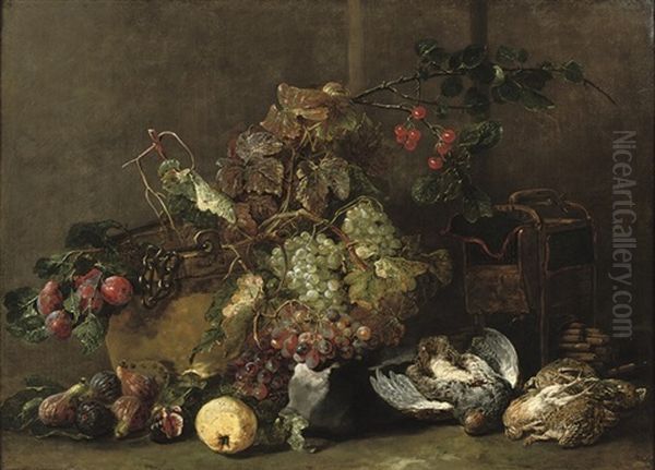Mixed Grapes, Cherries And Plums By A Cauldron With Figs, An Apple, A Partridge And Four Quails Nearby - view 1