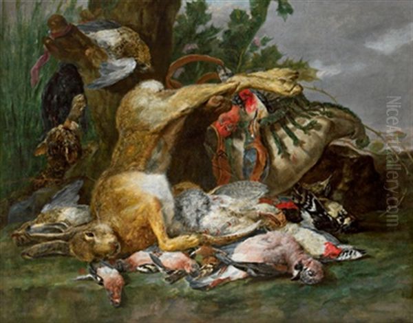Jagdstillleben Mit Einem Hasen, Erlegtem Federwild Und Einem Huhnerhund - view 1