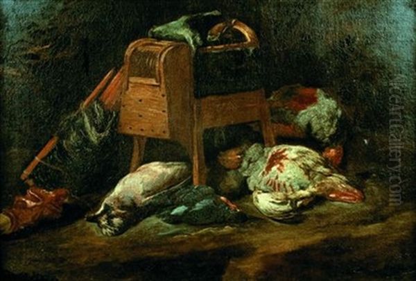 Trophee De Chasse A La Perdrix Et Au Geai Pres D'une Boite A Faucon - view 1