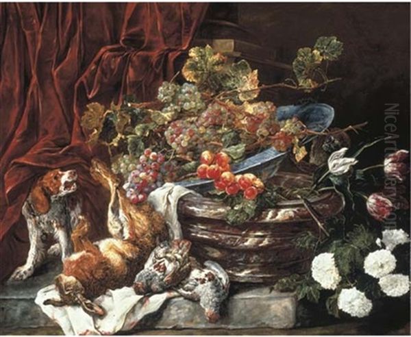 Grapes And Apricots In A Porcelain Bowl On A Marble Pot With Flowers - view 1