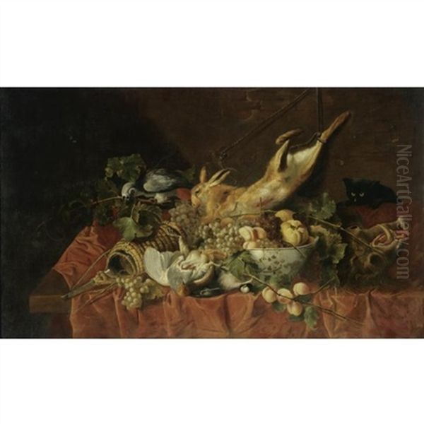 A Still Life With A Hare, A Partridge, A Bowl Of Fruit, A Boar's Head, A Flagon Of Wine, A Black Cat And A Grey Parrot, All Arranged On A Table Draped With A Red Cloth - view 1