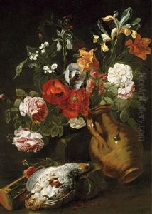 Roses, Iris, Poppies, Lilies And Other Flowers In A Tipped Earthenware Vase With A Partridge And Hourglass by Jan Fyt