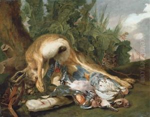 A Hare, A Kingfisher, A Partridge, A Jay And Other Birds With A Cat, In A Landscape A Hare, A Kingfisher, A Partridge, A Jay And Other Birds With A Cat, In A Landscape
