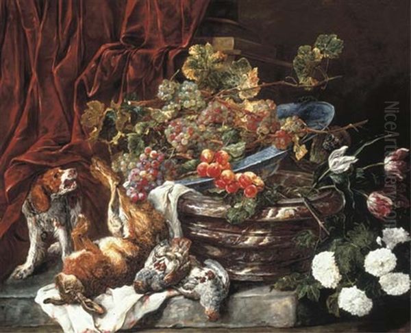Grapes And Apricots In A Porcelain Bowl On A Marble Pot With Flowers, Dead Partridges, A Hare, And A Spaniel Barking At A Monkey... - view 1
