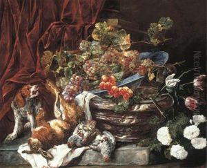 Grapes And Apricots In A Porcelain Bowl On A Marble Pot With Flowers, Dead Partridges, A Hare, And A Spaniel Barking At A Monkey... by Jan Fyt