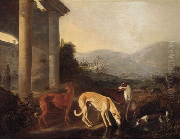 Dogs Drinking In An Extensive Landscape, With A Classical Building Beyond - view 1