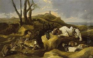 Spaniels Stalking Rabbits In The Dunes, A View Of The Sea Beyond