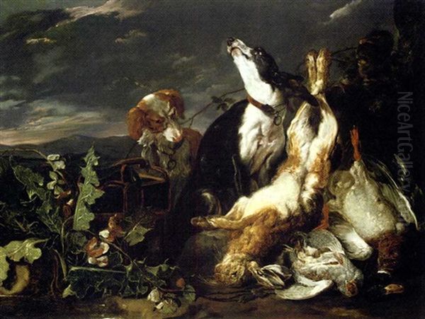 A Hunting Still-life With A Partridge, A Mallard, A Hare And A Spaniel And Another Dog In A Landscape Beyond - view 1