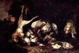 Still Life With Hares, Partridges, A Jay And A Kingfisher, Together With Other Song-birds In A Landscape Setting