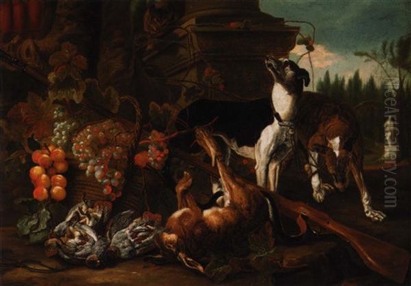 A Still Life Of Two Greyhounds, A Hare, A Cat And Partridges Together With A Musket And Baskets Of Fruit, In A Parkland Setting - view 1