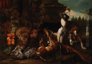 A Still Life Of Two Greyhounds, A Hare, A Cat And Partridges Together With A Musket And Baskets Of Fruit, In A Parkland Setting